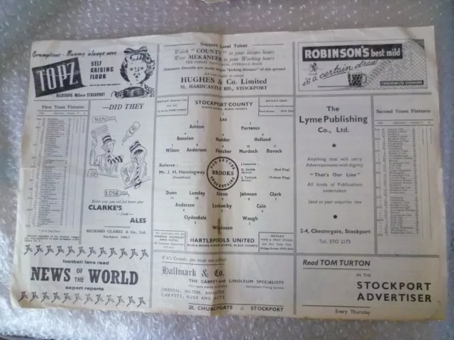 1960 STOCKPORT COUNTY v HARTLEPOOLS UNITED, 12th Sept ( League Division 4) 2