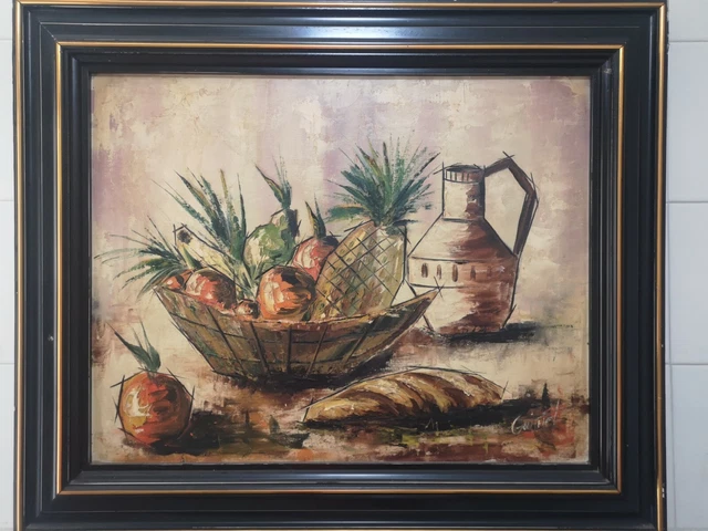 Cuadro Óleo Imagen Frutas Jarra Pan Autografiado firmado 65 x 78 incluido Marco