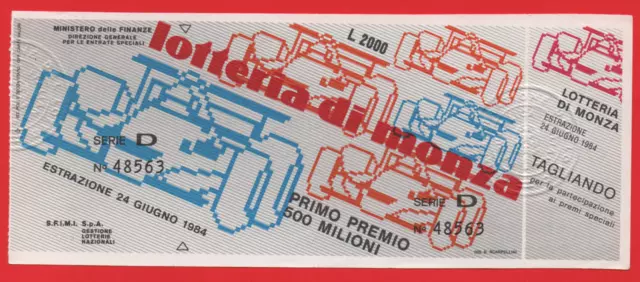 Biglietto Lotteria Di Monza Anno 1984 Con Tagliando Serie D 48563 Corse Auto