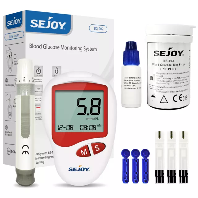 SEJOY Blood Glucose Sugar Monitor Diabetes Testing Kit 50 Test Strips 50 Lancets