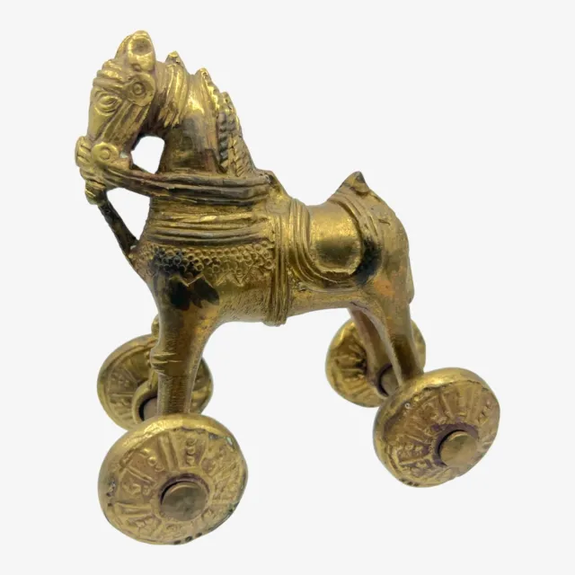 Antique Brass Horse Temple Toy From India Wheels Move 5.5" Figural Figurine