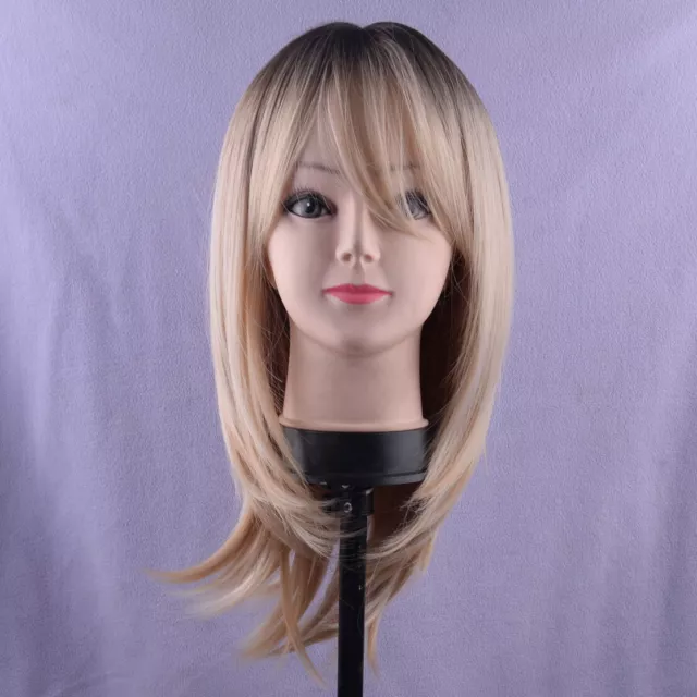 Long Bob Root Dark Ombre Highlight Blonde Hair Wig with Bangs for Women Fashion