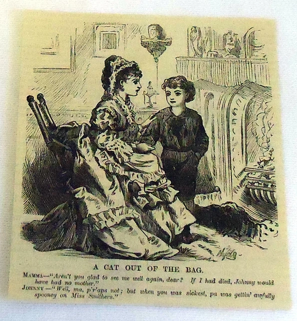 1882 Piccolo Rivista Incisione ~ Un Gatto Fuori Di The Borsa,Son Tattles Su Papà