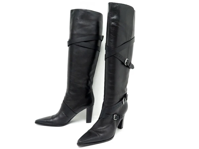 Chaussures Hermes Bottes Sangles A Talon 38 Cuir Noir Black Leather Boots 1460€