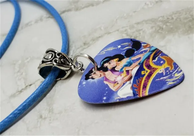 Aladdin and Jasmine Guitar Pick Necklace on Aqua Blue Rolled Cord