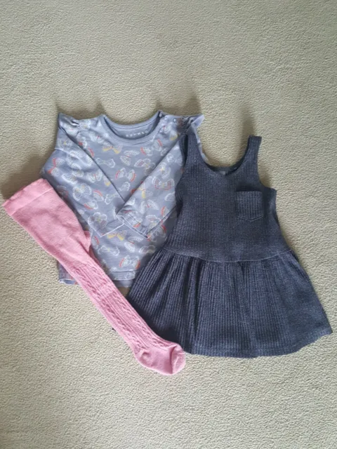 Baby girls pinafore, top,  and tights age 9-12 months