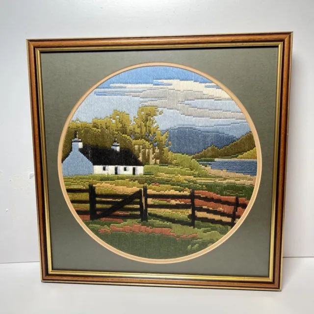 Vintage Framed Round Tapestry Embroidery Long Stitch Picture 13” x 13” Cottage