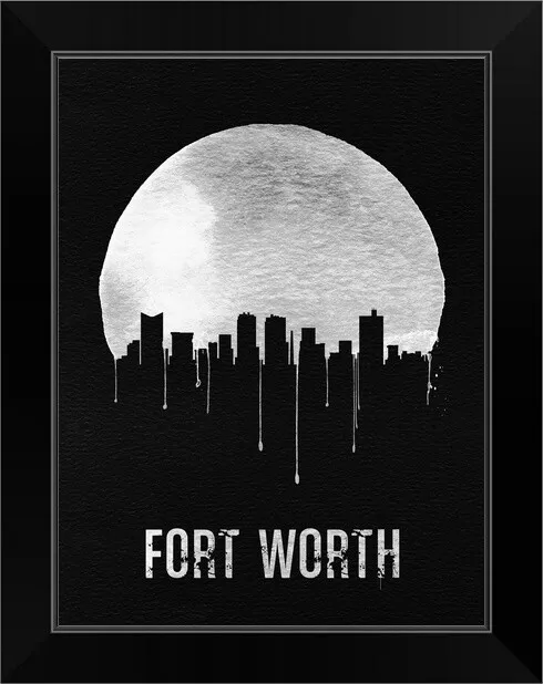Fort Worth Skyline Black Black Framed Wall Art Print, Texas Home Decor