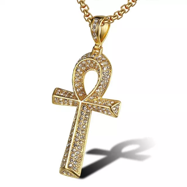 Stainless Steel Gold & Silver Egyptian CZ Hip Hop Ankh Cross Pendant Necklace