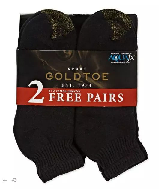 GoldToe Sport Cotton Quarter Ankle Socks Bonus 6+2 8-Pack Black Men Size 6-12.5