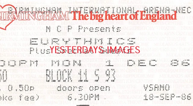 Eurythnics Ticket Used Stub 18 Sep 1986 Nec Arena Birmingham