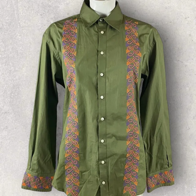 Etro Shirt Women’s Large Embroidered Boho Green Button Up Long Sleeve 1369