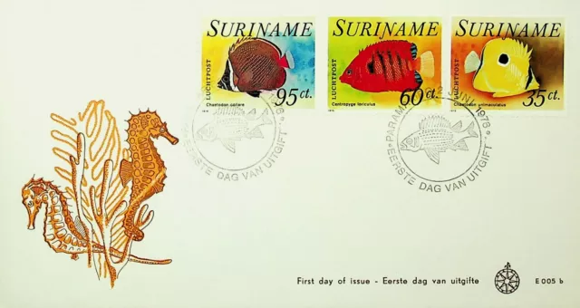 SURINAME 1976 TROPICAL FISHES SEA-HORSE ILLUSTRATED PARAMARIBO CANCEL FDC W/ 3v