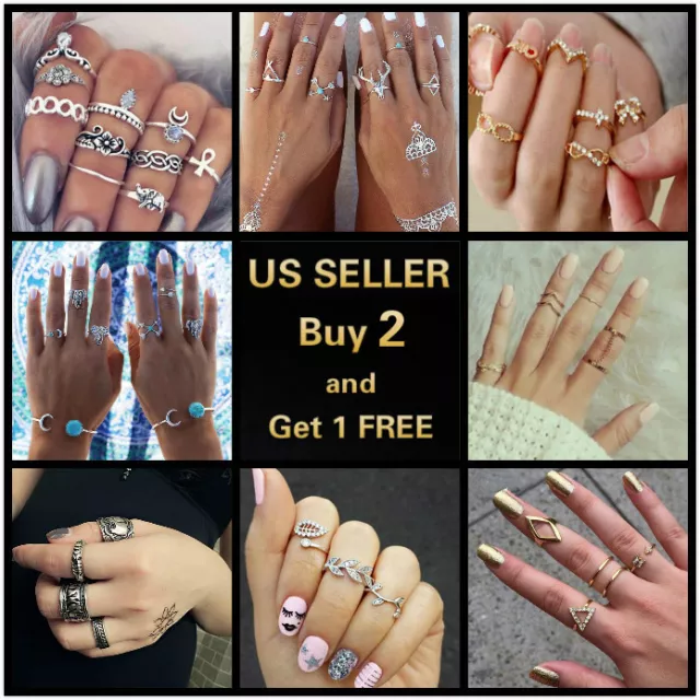 27 Styles Gold Silver Ring Set Vintage Crystal Above Knuckle Band Midi Ring