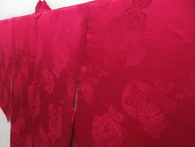 3015T07z370 Vintage Japanese Kimono Silk HAORI Flowers Red-Pink 2