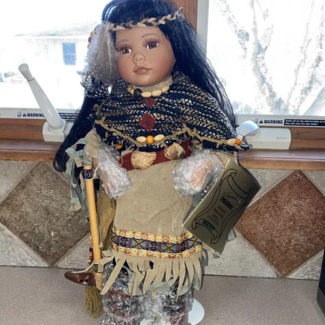 Seymour Mann SMILING Moon Porcelain Doll With A Tomahawk & Pouch native America