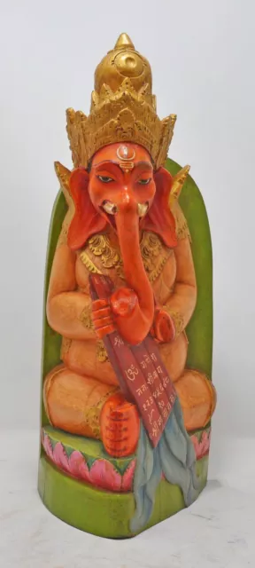 Very Fine Hand Carved Wooden God Ganesha Idol Figurine Hand Painted 2