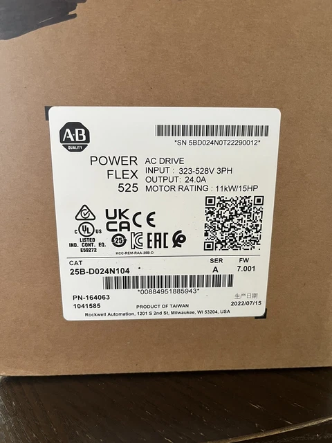 2022 Allen Bradley 25B-D024N104 /A Powerflex 525 AC Drive 15HP Surplus SEALED