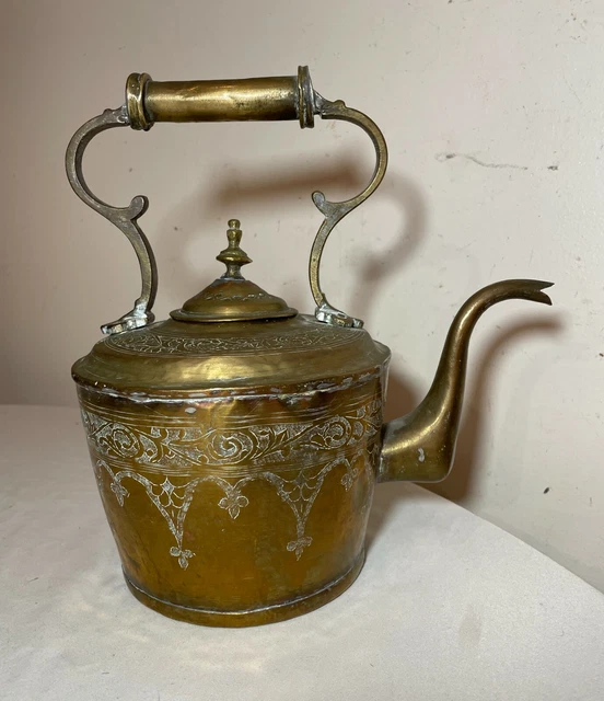 rare antique 19th century hand forged hand tooled chased brass tea pot kettle