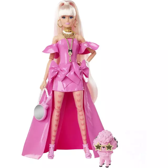 Barbie Extra Fancy Doll in Pink Glossy High-Low Gown with Pet Puppy Long Hair