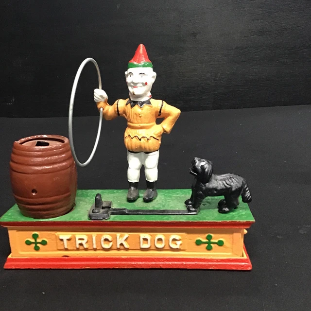 Vintage Cast Iron Trick Dog Coin Bank Jumping Through Hoop Works