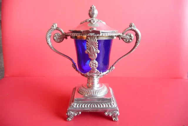 Antique French Sterling Silver Blue Crystal Mustard Pot Restoration Era 19th C