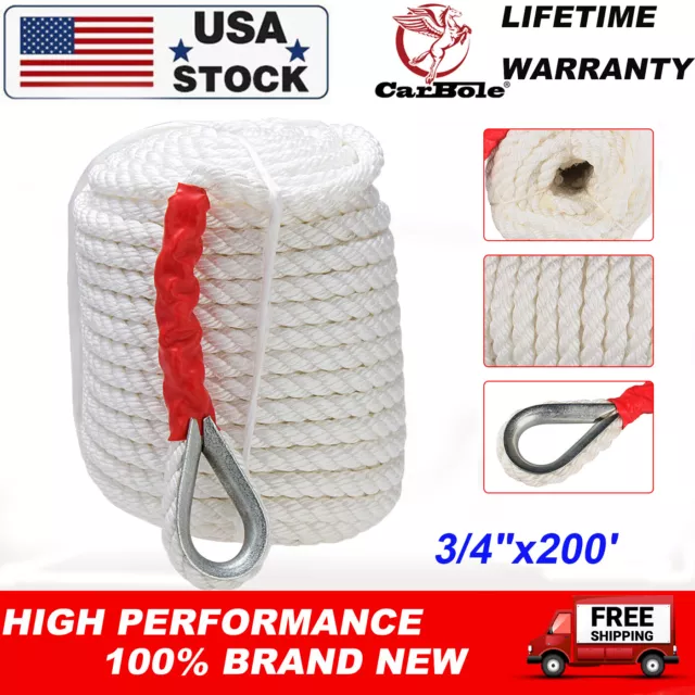 Heavy Duty 3/4"x 200' Twisted Three Strand Anchor Rope Boat 12592 LBS New