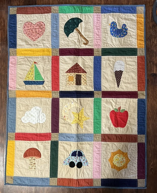 Edredón para bebé vintage hecho a mano 33,5"" X 43,5"" 12 cuadrados multicolor unisex