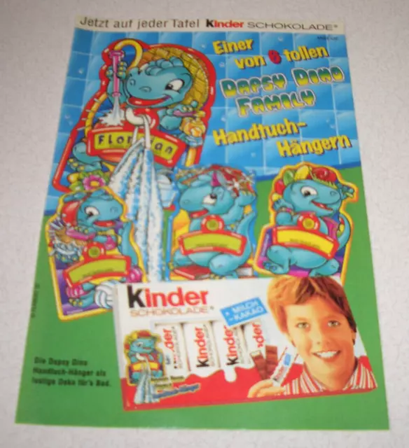 1997 orig. Reklame Werbung Ferrero kinder Schokolade mit Dapsy Dino Handtuch-Hä.