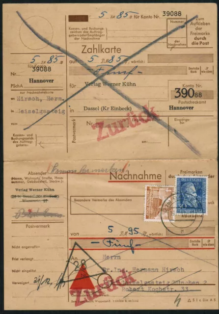 Nachnahme (verweigert am 21.12.51) mit Zahlkarte von Dassel nach München