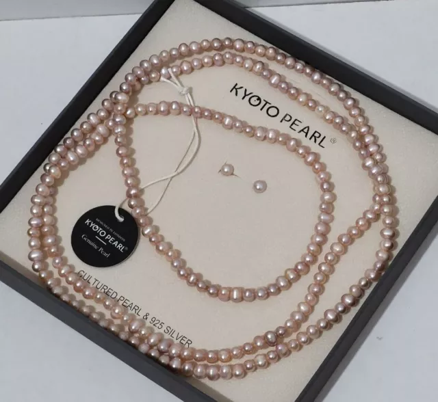 Kyoto Pearl 48" Süßwasser Rosa Perle langes Seil Halskette & Ohrringe Set Brandneu in Verpackung