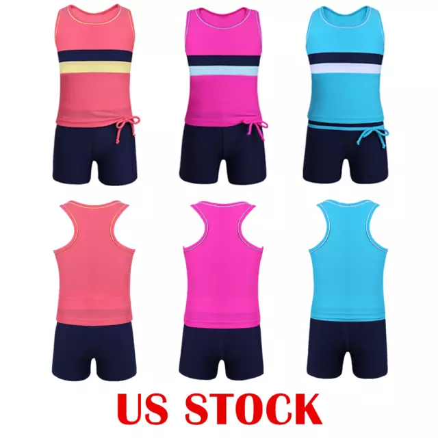 US Kids Girls Swimwear Swimsuits Two-Piece Tankini Tops + Bottoms Set Beachwear