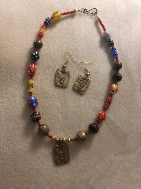 Old African Trade Bead - Bamboo Coral - & Brass Pendant Necklace &  Earring Set