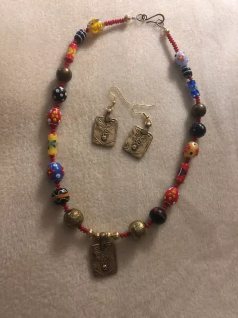 Old African Trade Bead - Bamboo Coral - & Brass Pendant Necklace &  Earring Set