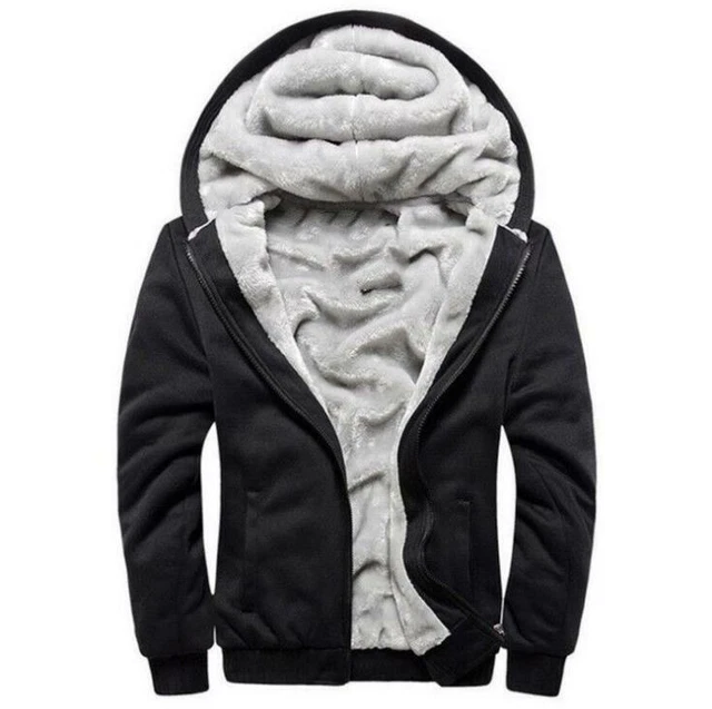 Winter Mens Coat Hooded Warm Thicken Hoodie Fur Lined Jacket Zip Fleece Overcoat