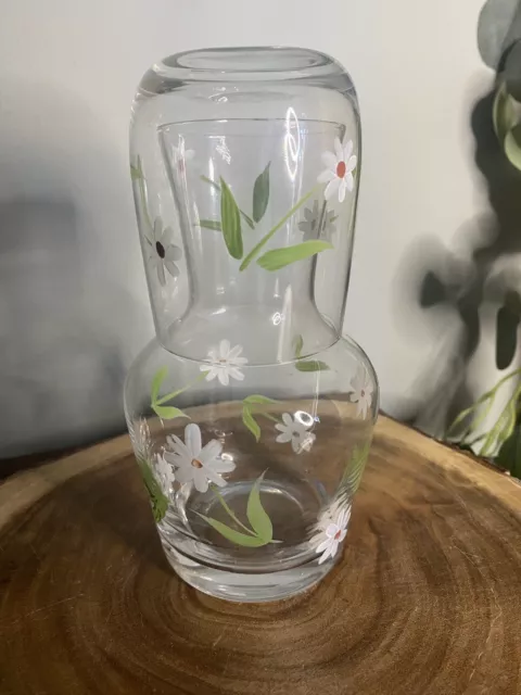 Vintage Handpainted Art Glass bedside table Carafe With Tumbler and flowers