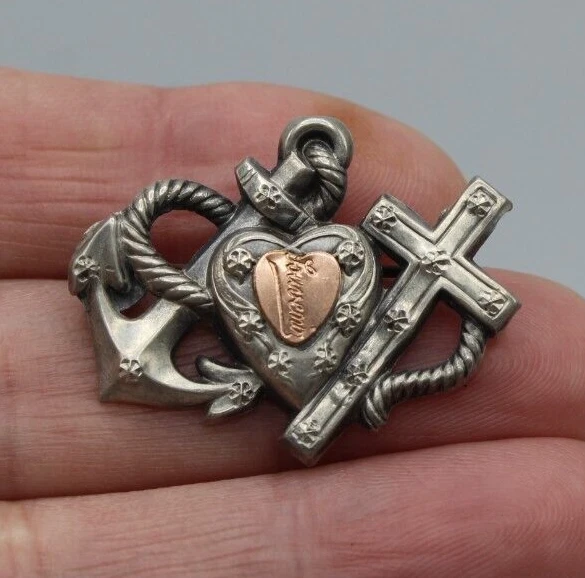 ANCIENNE BROCHE 3 Vertus Coeur / Croix / Ancre en Argent Massif 800 XIXè EUR 15,00 - PicClick FR