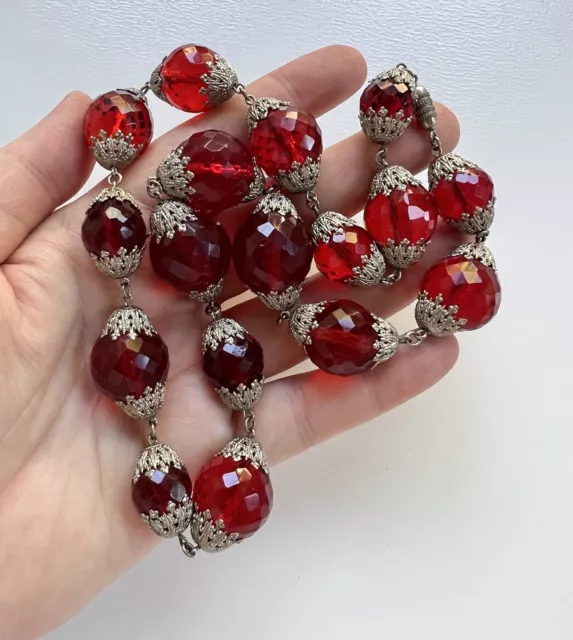 Antique Art Deco Czech Ruby Red Faceted Glass Filigree Large Necklace 20.5"