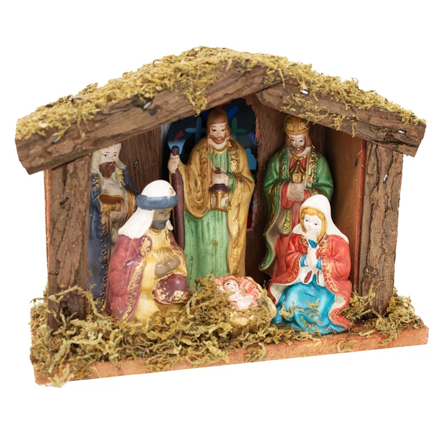 Skeadex Weihnachtskrippe Mit LED Beleuchtung - Holz Deko 20x14cm