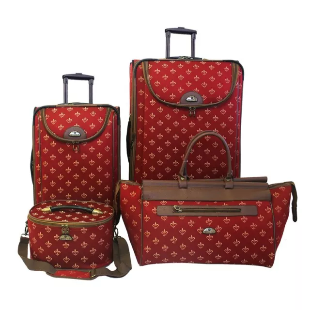 American Flyer Fleur De Lis Fabric 4 Piece Luggage Set in Red