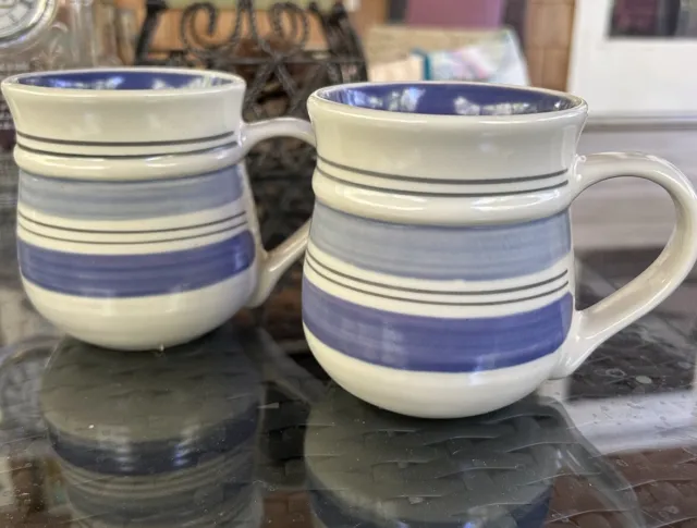 PFALTZGRAFF Rio Stoneware Coffee Tea Mug Cup 12 oz Blue Cream Stripe Lot of 2