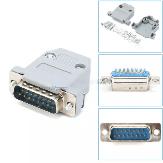 DB15 15 Pin D-Sub Plug Solder Connector RS232 Serial / Grey Hood / Female / Male