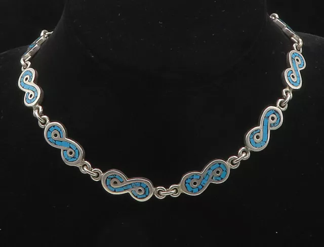 MEXICO 925 Silver - Vintage Turquoise Mosaic Infinity Chain Necklace - NE2862