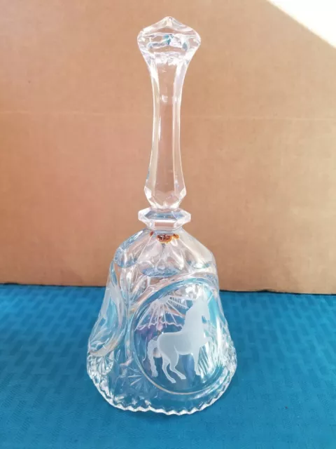 Vintage Artmark 24% Lead Crystal Etched Unicorn Bell 8" tall With Sticker