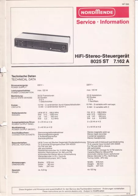 Service Manual-Anleitung für Nordmende Hifi Stereo 8025 ST, 7.162 A