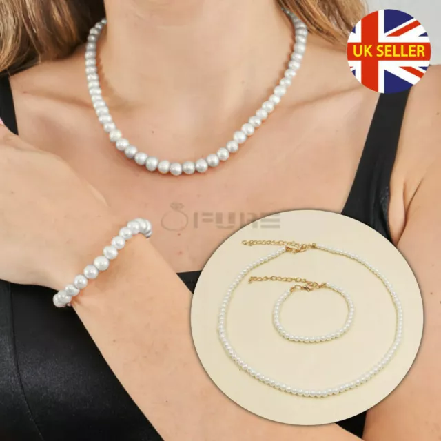 Timeless Fashion White AAA Freshwater Pearl Necklace Bracelet Set Charm Jewelry