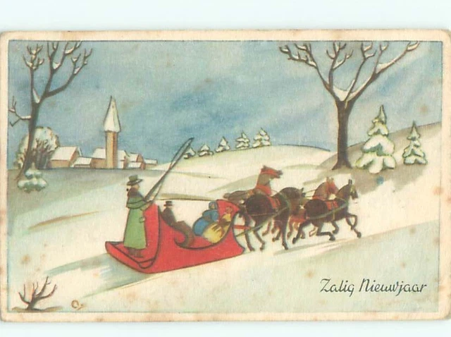 foreign Old Postcard HORSE-DRAWN SLED AT NEW YEAR AC2304