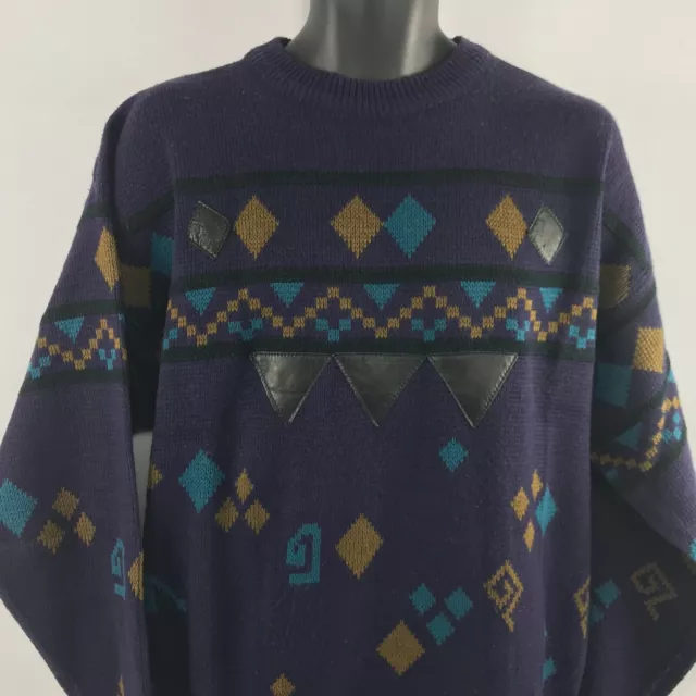 Vintage 80s Gitano Maglione Uomo Grande Geometrico Design Pelle Dettagli