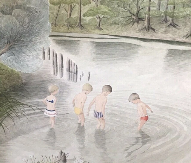 Arte disegno acquerello incorniciato vintage bambini pagaia fiume lago non firmato