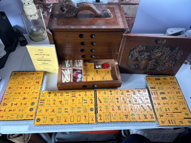 Vintage Mahjong Game Set By Jackpot And Oriental Kodansu Wooden Carry Case Box